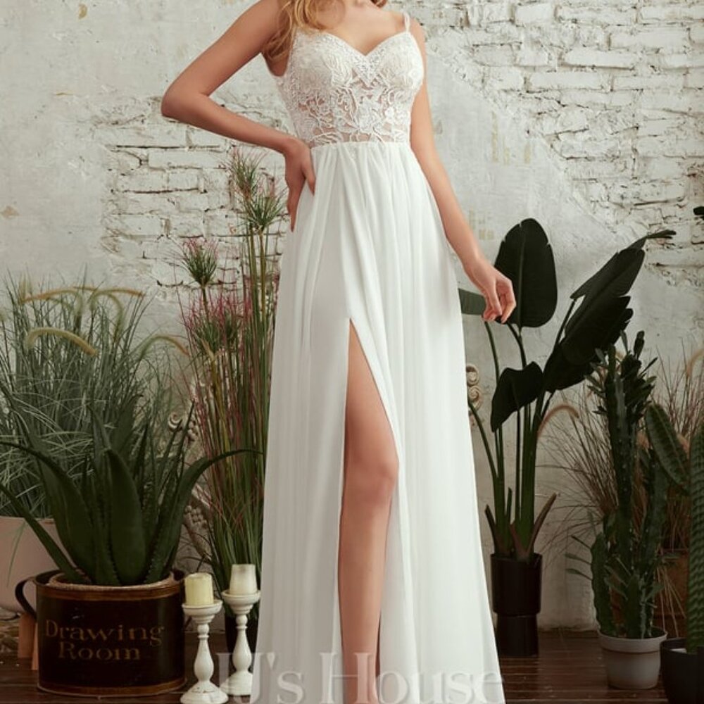 JJ's House A-line V-Neck Floor-Length Chiffon Lace Wedding Dress With Beading